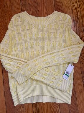 DKNY Cream and Yellow Cable Knit Crewneck Sweater
